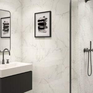 Baño moderno lavabo negro azulejos efecto mármol ducha relieve ondulado