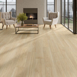 NUK-HAYA-23X120 Salón con pavimento cerámico efecto madera claro, chimenea, butacas y grandes ventanales