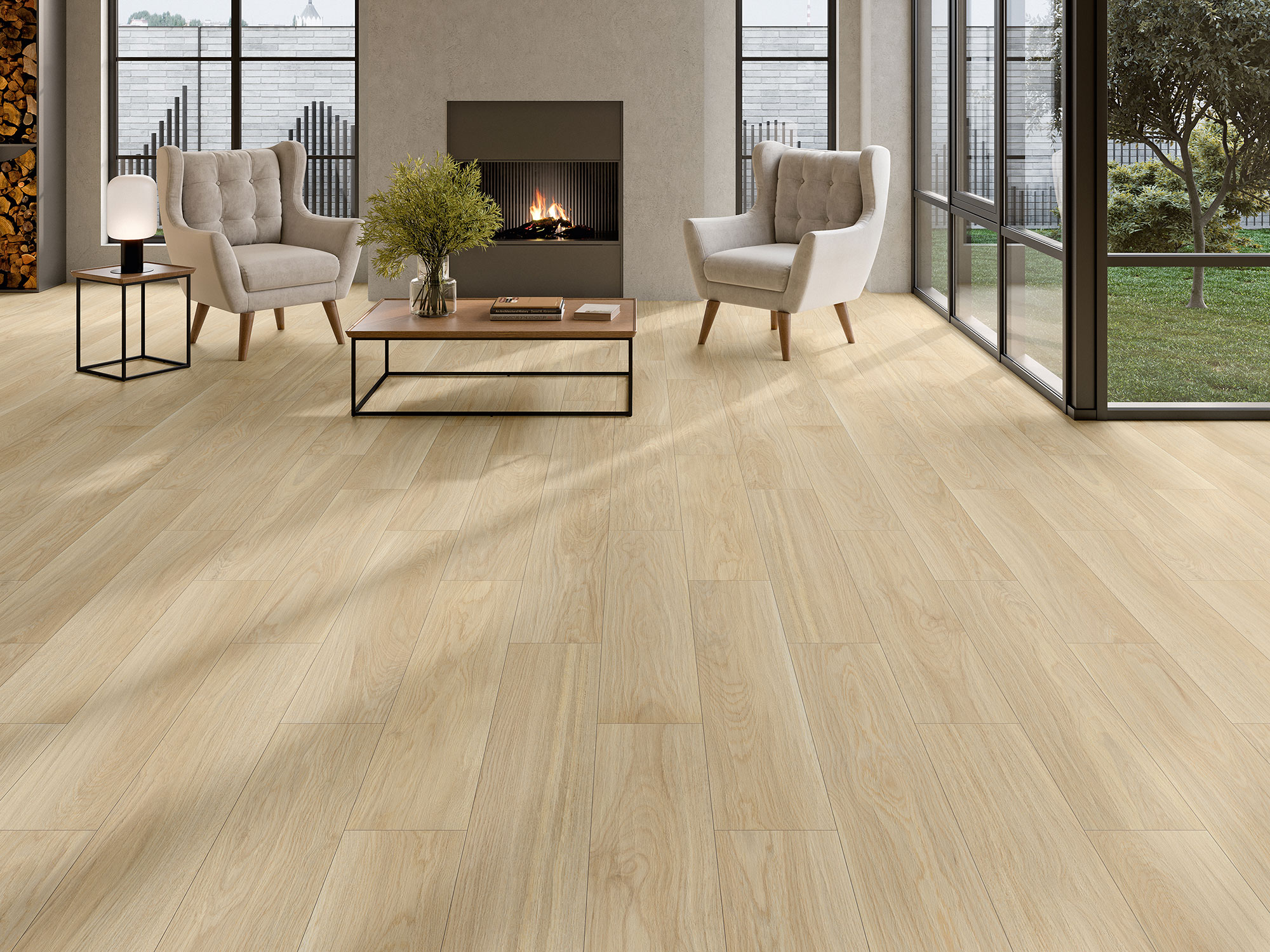 NUK-HAYA-23X120 Salón con pavimento cerámico efecto madera claro, chimenea, butacas y grandes ventanales