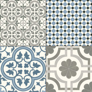 Cuatro baldosas cerámicas decorativas con motivos geométricos, florales y tonos azul-gris