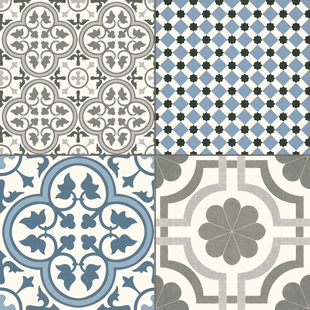 Cuatro baldosas cerámicas decorativas con motivos geométricos, florales y tonos azul-gris