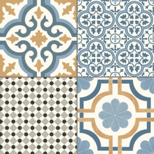 Cuatro azulejos cerámicos: motivos geométricos, florales; tonos azul, beige, gris