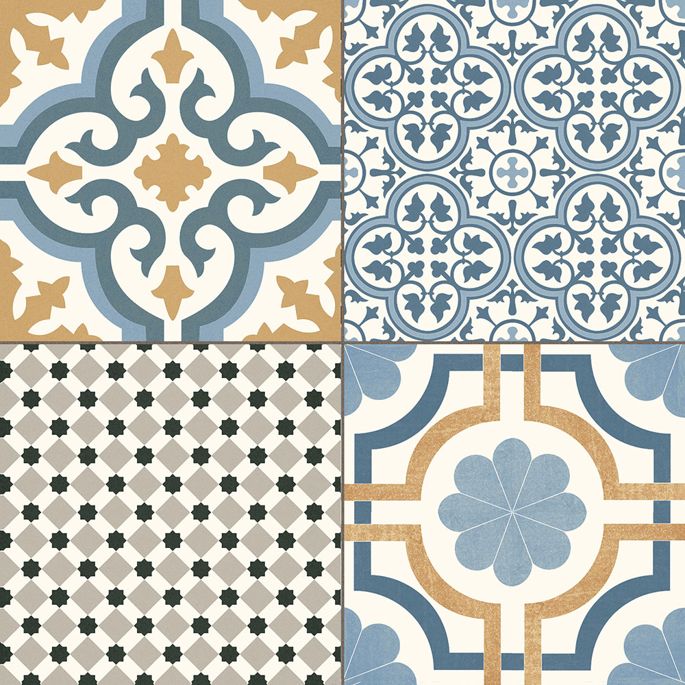 Cuatro azulejos cerámicos: motivos geométricos, florales; tonos azul, beige, gris