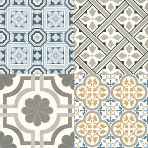 Muestra de cuatro azulejos cerámicos con motivos geométricos y florales en azul, gris y ocre