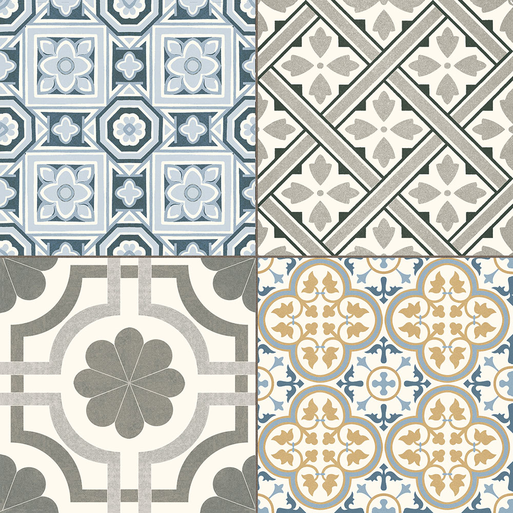 Muestra de cuatro azulejos cerámicos con motivos geométricos y florales en azul, gris y ocre