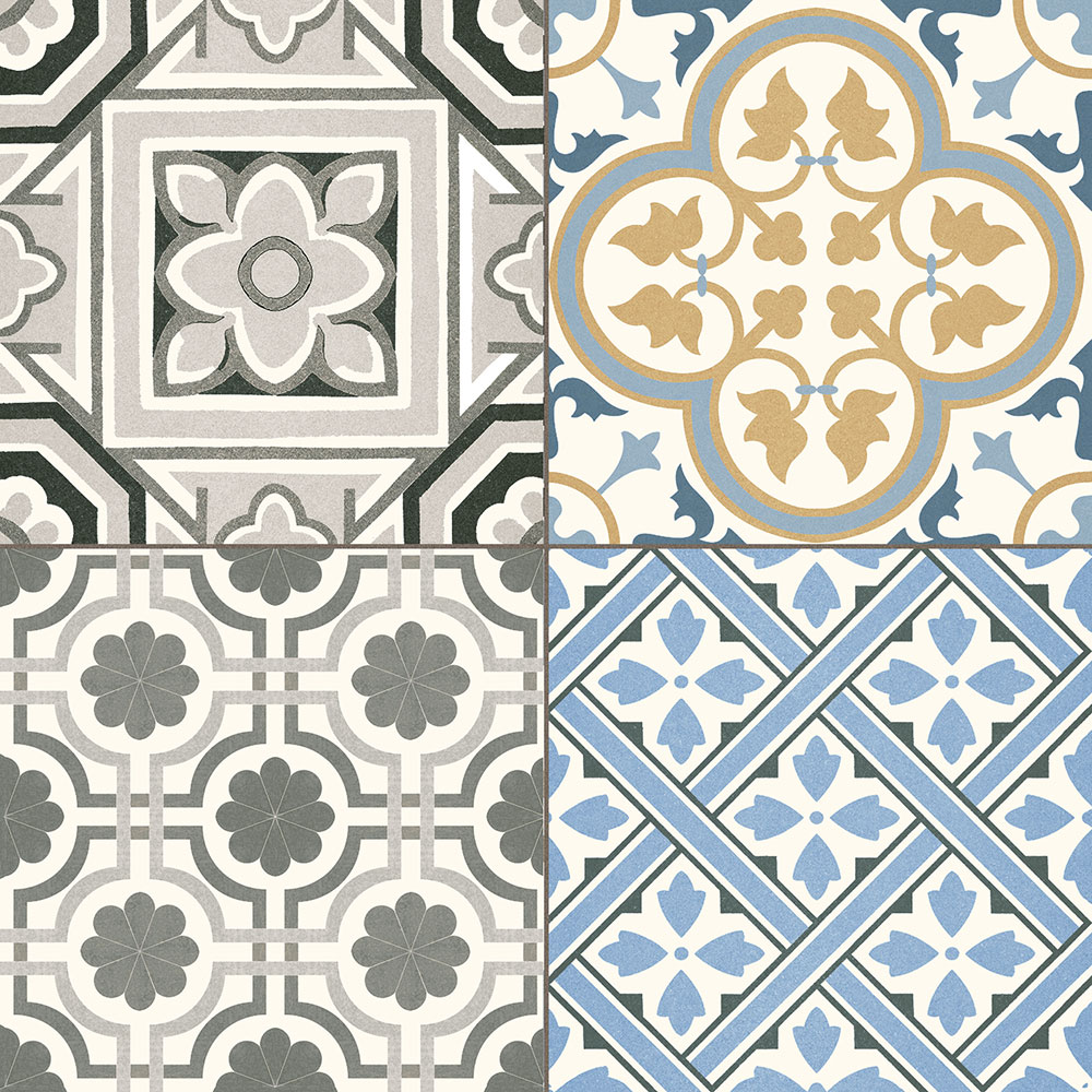 Cuatro azulejos cerámicos decorativos con motivos geométricos y florales en azul, gris y beige
