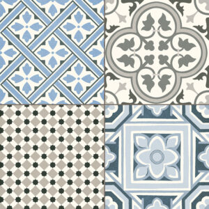 Mosaico de cuatro azulejos cerámicos con motivos geométricos y florales en azul y gris