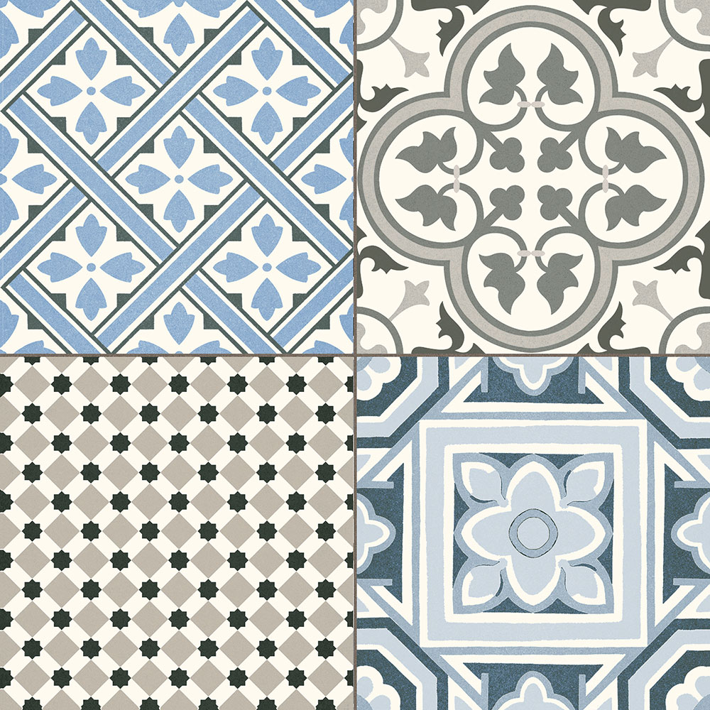 Mosaico de cuatro azulejos cerámicos con motivos geométricos y florales en azul y gris