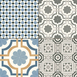 Cuatro azulejos hidráulicos con motivos geométricos y florales en tonos azul y gris