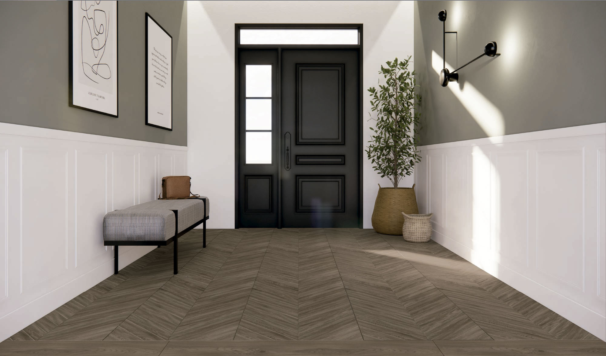 Recibidor con pavimento cerámico en espiga efecto madera, puerta negra y banco