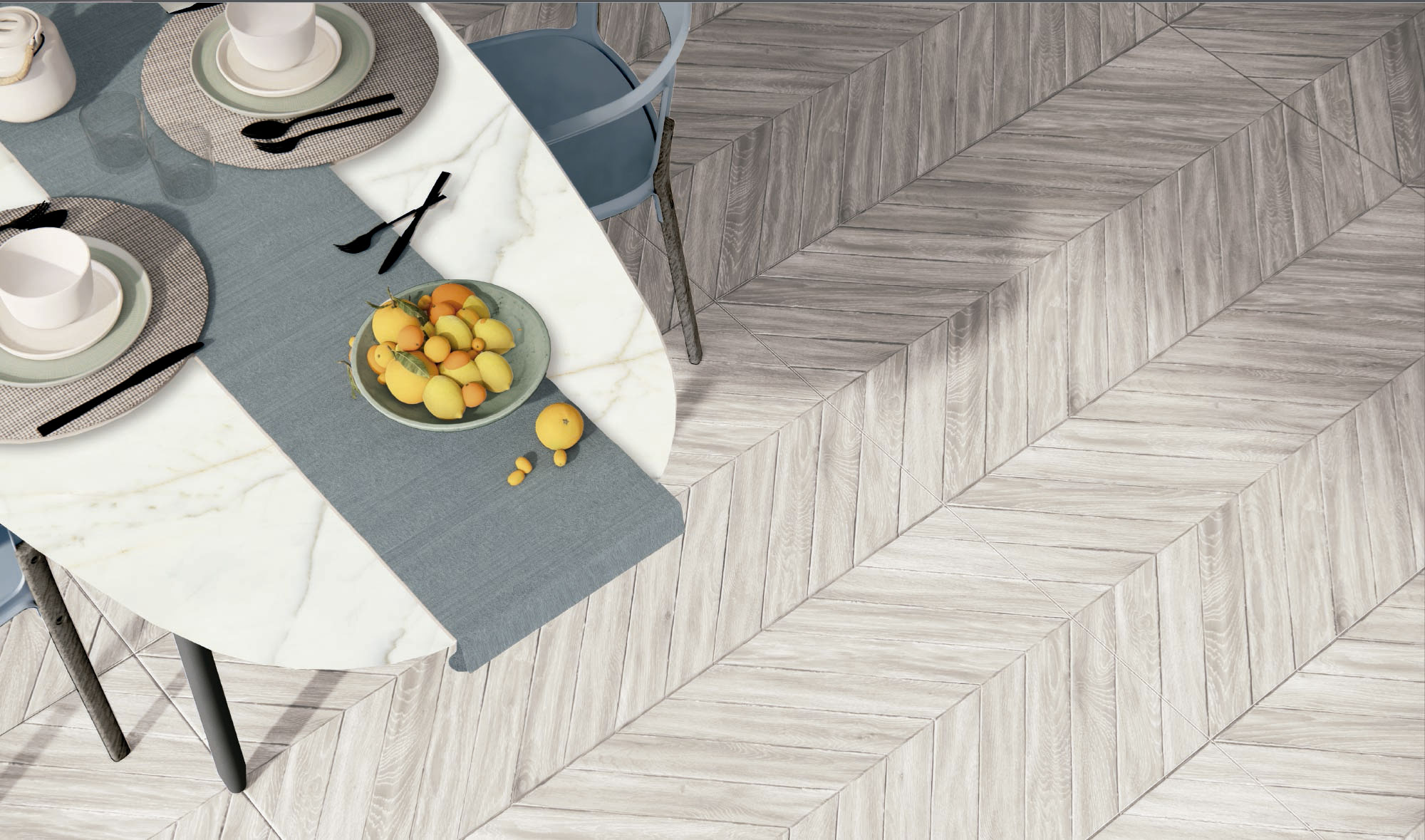 Comedor con mesa redonda y pavimento cerámico efecto madera en patrón espiga