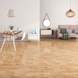 Salón-comedor en exposición con pavimento cerámico imitación madera y mobiliario nórdico